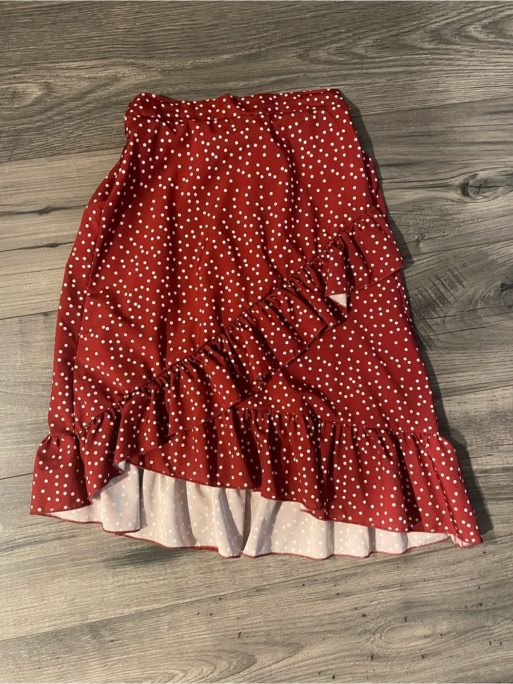 SHEIN Red White Polka Dot Ruffle Midi Skirt